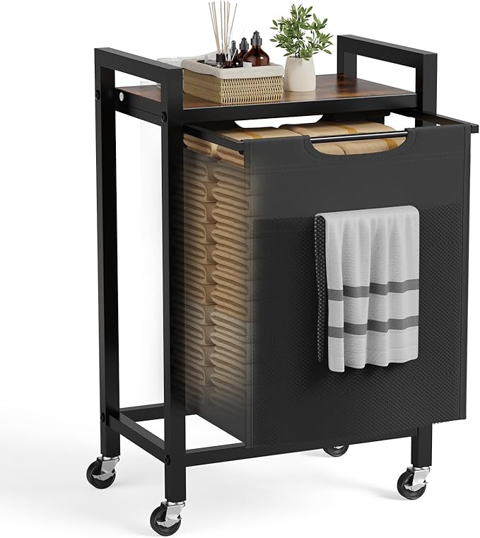 NEWBULIG Rolling Laundry Hamper with Removable Pull-Out Bag, Freestanding Clothes Basket Organizer with Wheels for Bathroom & Bedroom, 1 × 17.2 Gal (65L) - Rustic Brown & Black