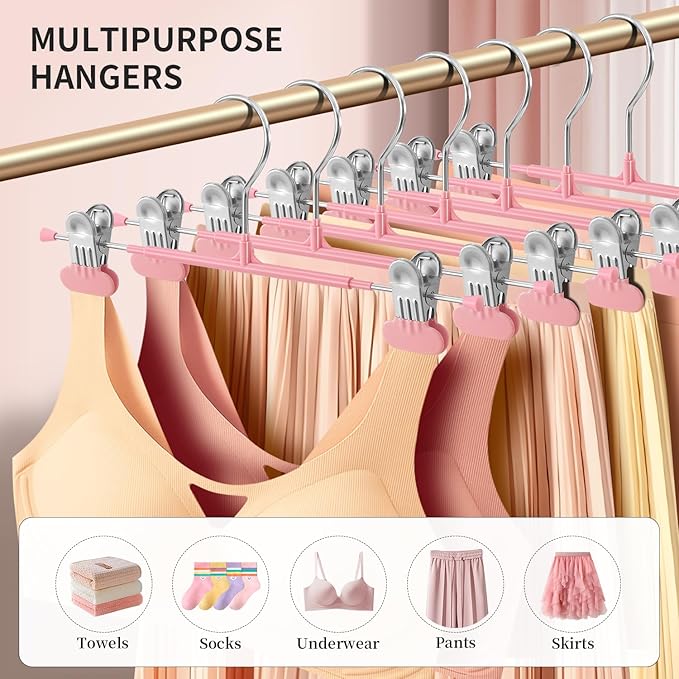 14Inch Clothes Pants Hangers with Wide Clips 20 Pack,Non-Slip Adjustable Skirt Hanger for Women,Space-Saving Heavy Duty Men Hangers for Pants,Trousers,Jeans,Shorts,Pink