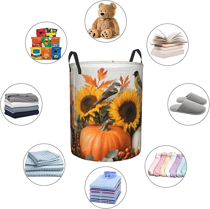 Fall Harvest Laundry Hamper, Decorative Sunflower Pumpkin Design, For Bathroom/Laundry Storage/Bedroom 19.6x15.7 Inch