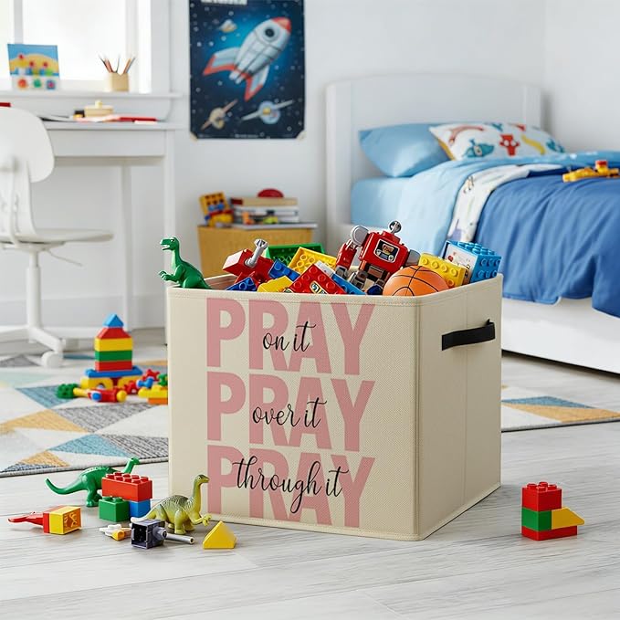 Pink Christian Storage Bin Box with Handles, Pray on It Pray over It Bible Verse Religious Foldable Baskets Organizer for Bedroom Bathroom Home Clothes Toys Books, Toybox for Girls