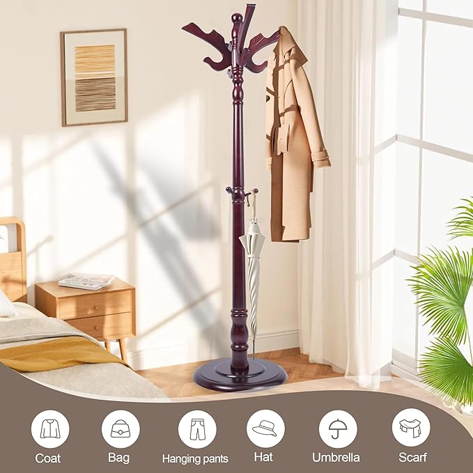 Free Standing Coat Rack with 14 Hooks, Vintage Wooden Coat Tree, Adjustable Height 73 Inches, Retro Coat Stand for Entryway, Living Room, Office & Bedroom (Mahogany) (Flying Swallow, 1 PCS)