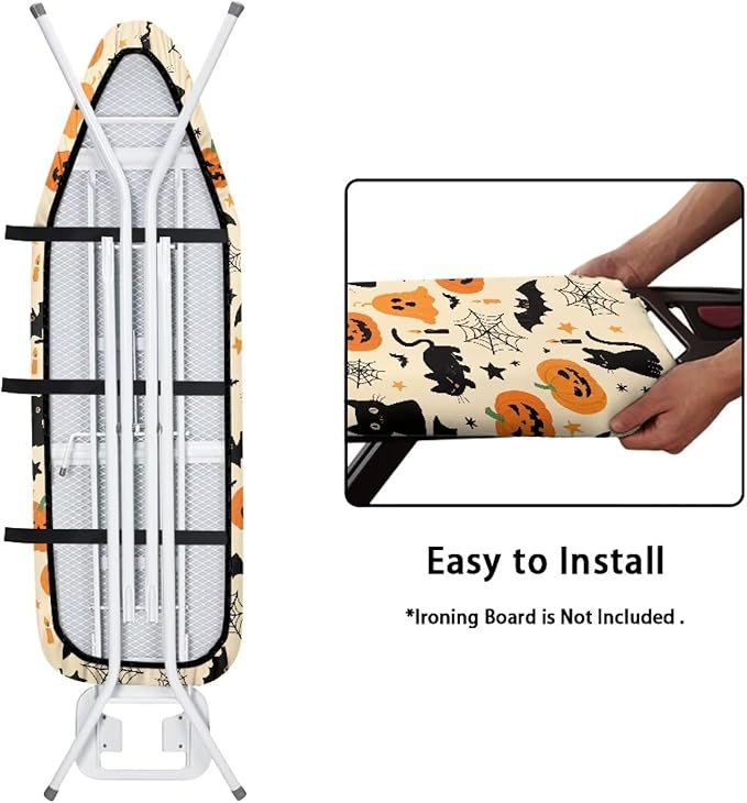 Ironing Board Cover Halloween Black Cat Pumpkin Thick Table Top Ironing Board Cover with Hook and Loop Soft Extra Wide Ironing Pad 54x15 inches