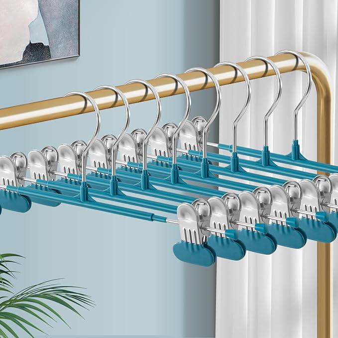 14Inch Clothes Pants Hangers with Wide Clips 20 Pack,Non-Slip Adjustable Skirt Hanger for Women,Space-Saving Heavy Duty Men Hangers for Pants,Trousers,Jeans,Shorts,Blue
