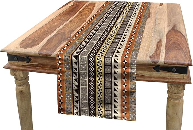 Lunarable African Table Runner, Geometrical Motifs Rhombuses Tiled Squares and Triangles Motifs, Dining Room Kitchen Rectangular Runner, 16" X 90", Beige Brown