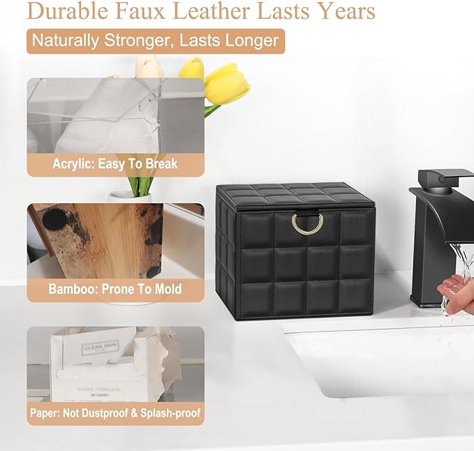 Disposable Face Towel Holder Box, Black PU Leather Container for XL Clean Skin Club Face Towels, Reusable Organizer for Clean Skin Towel Makeup Wipe Holder Counter Bathroom Organizers and Storage