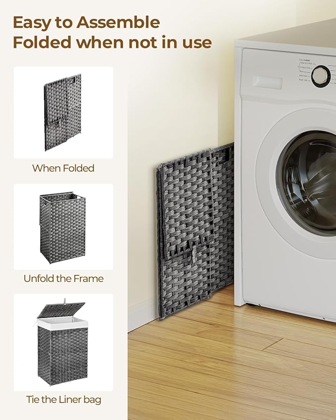Laundry Hamper with Lid, 90 L Large Capacity Hamper, Rattan Laundry Basket with Compartments & Handles, Foldable, Removable Liner, Dove Gray