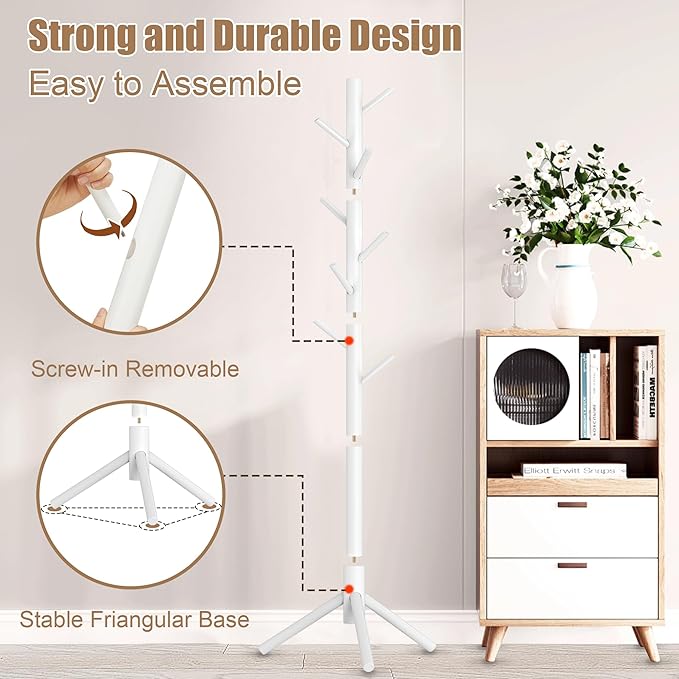 Wooden Coat Rack Stand, Freestanding Coat Rack with 8 Hooks, 3 Adjustable Size Coat Tree for Hats, Coats, Scarves bags, Coat Hanger Stand Used in Bedroom/Office/Entryway, 2 PCS (White)