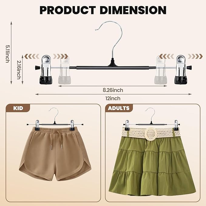 HUADYMEET 50 Pack 12Inch Pants Hangers with Clips,Metal Trouser Hanger for Jeans.Space Saving Skirt Hangers Heavy Duty Non-Slip Adjustable Clothes Shorts Hanger for Women,Men,Black