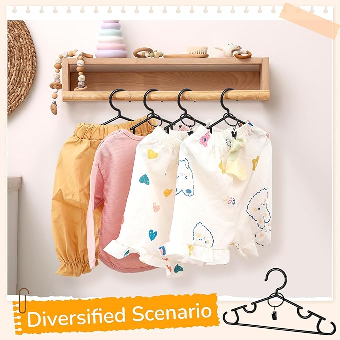 Hsei 30 Packs Nursery Baby Hangers with Ring Clips, Toddler Hangers, Kids Plastic Clothes Hanger for Infant Children Pants Closet Coat Skirts Socks (Black)