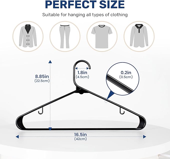 Simple Deluxe Plastic Hangers 50 Pack, Anti-Slip Design with Space-Efficient Hooks, Versatile for Shirts, Coats, Dresses & Daily Clothing, Black
