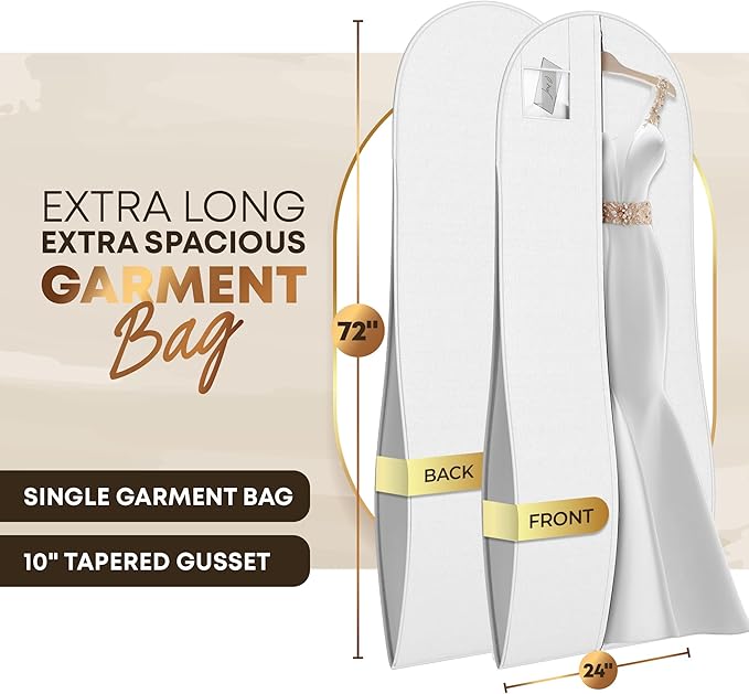 72" Tapered Long Dress Bags for Gowns - Wedding Dress Garment Bag for Dresses - Long Garment Bags for Hanging Clothes & Closet Storage, Dress Bag for Airplane