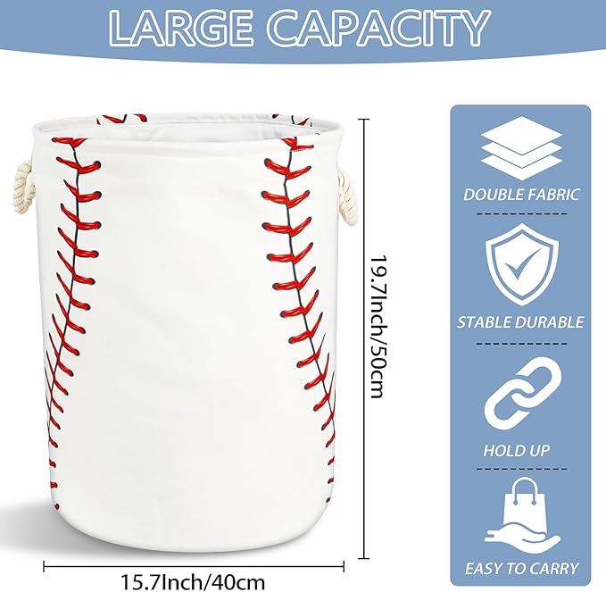 Baseball Texture Laundry Basket with Handles Collapsible Laundry Hamper Waterproof Toy Organizer Funny Dirty Clothes Hamper for College Dorm Bathroom Bedroom