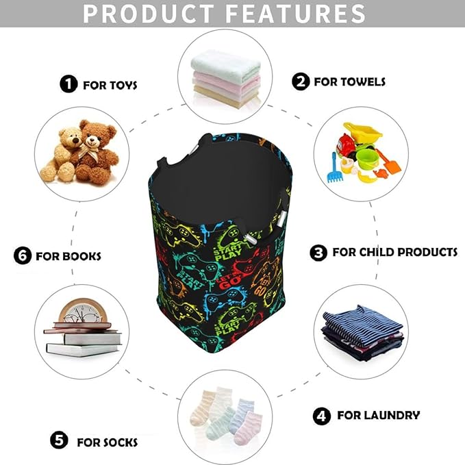 Colorful Game Joystick Silhouettes Large Laundry Hamper Gaming Theme Storage Basket Toys Clothes Organizer Bin For Home Bathroom Bedroom Dorm Nursery, 60l