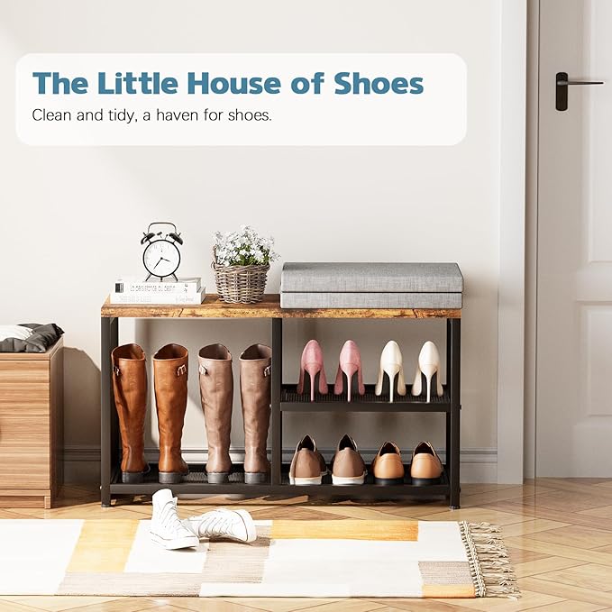 Shoe Rack for Entryway,Freestanding Hidden Shoe Storage Organizer, Boot Shoe Bench Shelves for High Heels with Seat Cushion,Narrow Wood Shoe Rack for Entrance Closet, Hallway, 3 Tier,Brown