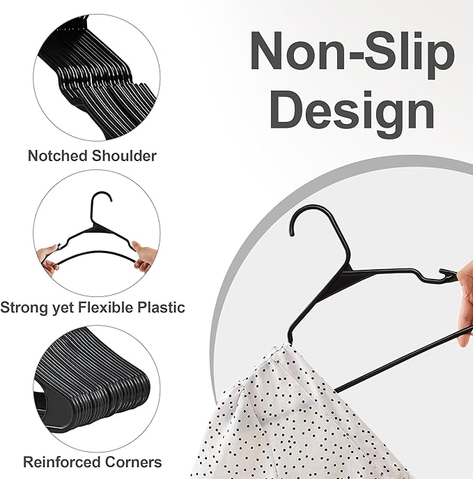 VECELO 25 Pack Plastic Hangers-Clothes Hangers with Shoulder Non Slip Notches,Clothing Hangers for Closet Space Saving-Heavy Duty Coat Hanger,Black