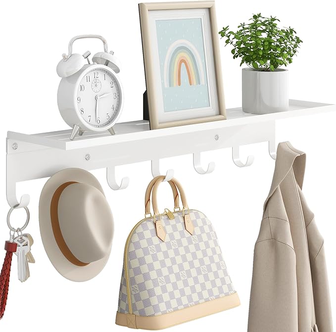 Shelf with 7 Hooks, 23 Inch Entryway Coat Rack Wall Mounted, Metal Coat Hanger with Shelf Storage Clothes, Bags, Purse for Living Room, Balcony, Closet, White
