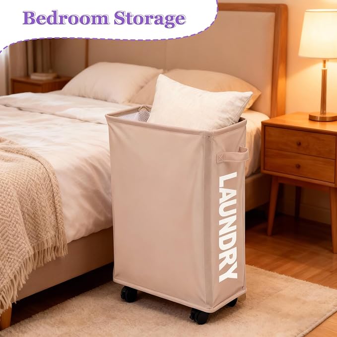 Slim Rolling Laundry Hamper with Wheels, 42L Collapsible Narrow Laundry Basket with Drawstring Mesh Cover, Foldable Dirty Clothes Organizer for Bathroom, Dorm, Small Spaces, Khaki