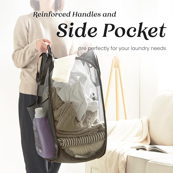 TECHMILLY Upgraded 105L Collapsible Mesh Pop Up Laundry Hamper with Sturdy Handles and Side Pocket - Portable Foldable Clothes Baskets for Dorm, Bathroom & Travel Storage (Black Plus，3 Packs)