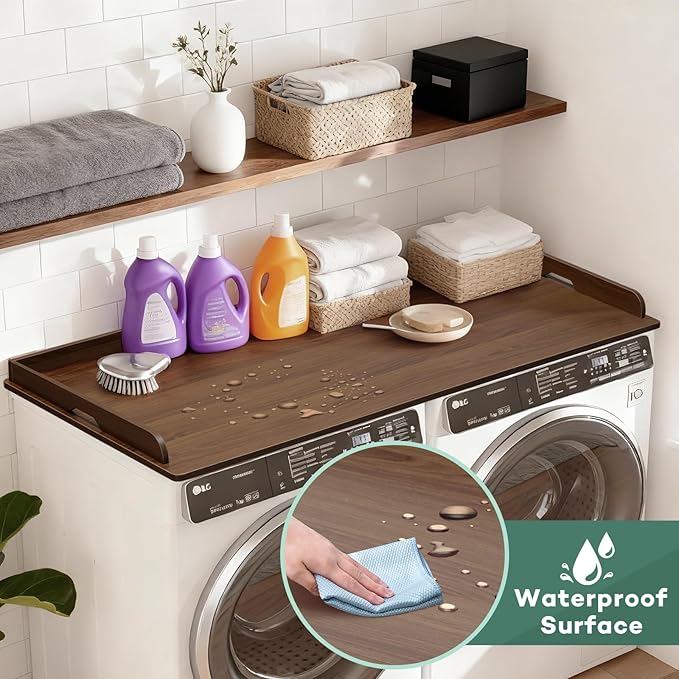 Washer Dryer Countertop 54 x 27.5 MDF Laundry Countertop Topper with Raised Edge, No Install Waterproof Non Slip Washer Dryer Top, Fits Front Load Machines, 200 lb Capacity, Walnut