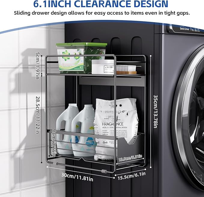 2 Tier Magnetic Shelves for Washing Machine with Pull Out Metal Drawer,Magnetic Spice Rack for Fridge,Magnetic Rack with no Installation, Versatile Storage Organizers for Home (Black, 2 Tier)