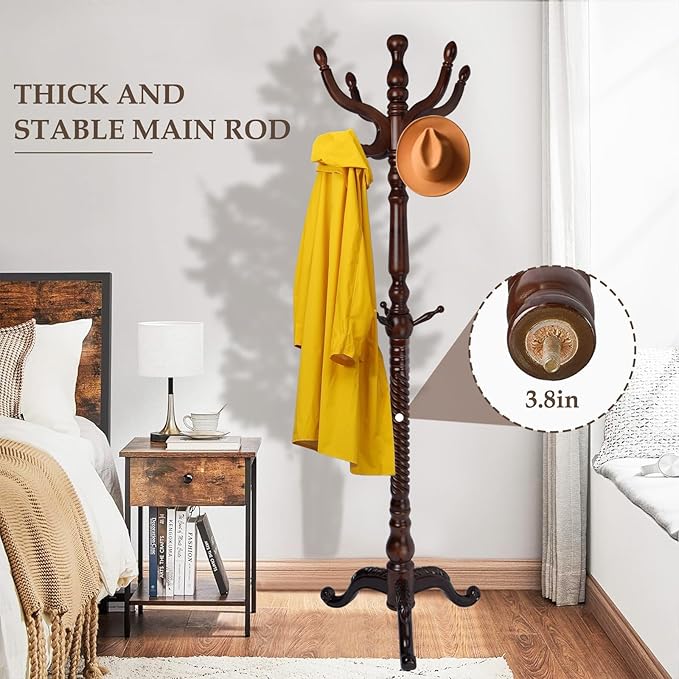 Wood Coat Rack Freestanding, Natural Coats Tree Stand with 14 Hooks, 73" Sturdy and Easy Assembly Coat Rack Stand for Entryway, Hallway, Bedroom, Bags, Hats (Tri-legged Base, Cherry Color)