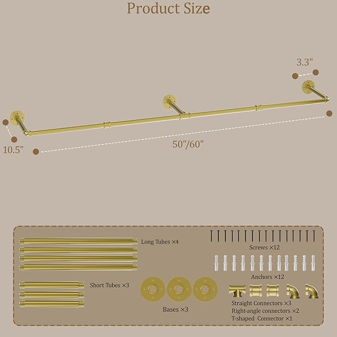 Wall Mounted Clothes Rack, Industrial Pipe Clothing Rack 50 Inch Gold, Wall Clothes Hanger for Bedroom, Cloakroom, Closet, Hallway, Boutique Display, Drying Racks Wall-Mount for Laundry
