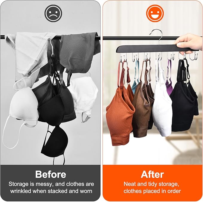 2 Pack Bra Hanger, Wooden Tank Top Hangers with 14 Foldable Hooks, Bra Hanger for Closet Organizer，Premium Wooden Space Saving Hangers Closet Organizers and Storage for Dorm & Apartment (Black)