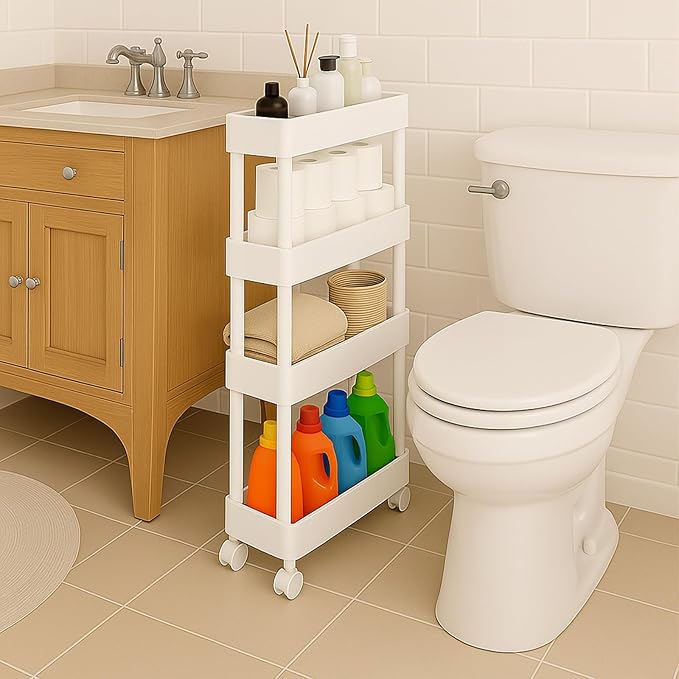 ShellKingdom 4 Tier Bathroom Storage Organizer, Slim Rolling Storage Cart for Narrow Space, Mobile Shelving Unit with Lockable Wheels and Hooks for Bathroom, Kitchen, Laundry Movable Shelf (White)