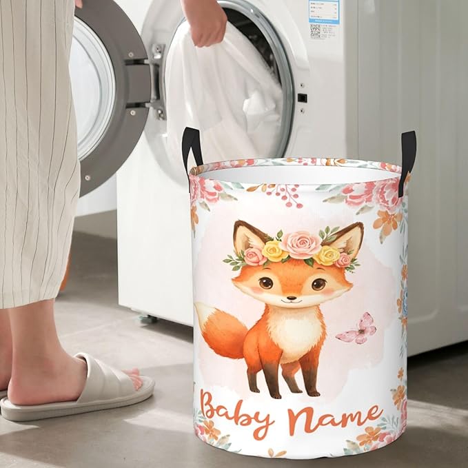 Personalized Fox Laundry Basket For Baby Kids Boys Girls Adult Custom Hamper Basket With Name For Bathroom Bedrooms Collapsible Baby Dirty Clothes Hamper With Handles