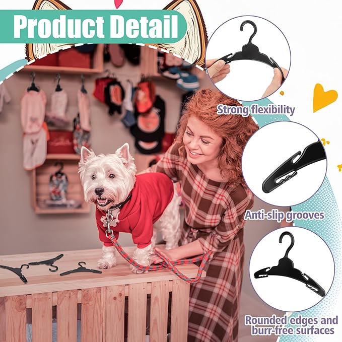 48 Pcs Dog Clothes Hangers 7 Inch Wide Non-Slip Plastic Pet Clothes Hangers Pet Clothing Holder Coat Hanger for Small Dog Cat Puppy Chihuahuas(Black)