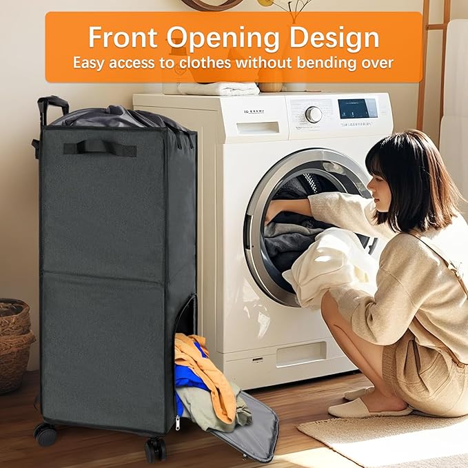 Bukere Extra Large 2 in 1 Rolling Laundry Basket with Wheels, 110L Freestanding Collapsible Laundry Hamper Bag with Removable Wheeled Cart for Clothes Storage College Dorm Apartment Laundry Room