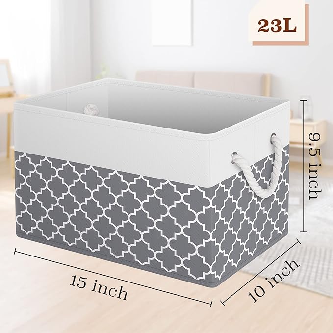 Storage Bin,Collapsible Storage Basket For Organizing,Large Storage Boxes With Rope Handles,Storage Containers,Clover Grey,8 Pack