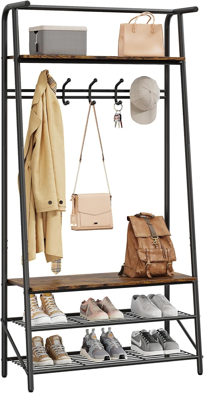 Coat Rack Shoe Bench with Single-Row 6 Hooks 80cm Width, 3-Tier Shelf Entryway Hall Tree with Storage, Metal Frame Multifunctional Organizer, 4-in-1 Coat Rack for Bathroom, Hallway.Brown.