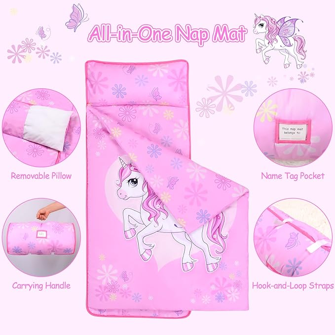Unicorns Nap Mats for Preschool with Removable Pillow and Blanket Kids Sleeping Bag with Pillow Reinforced Stitching Machine-Washable, Soft Nap Mats for Daycare, Travel, Camping 53"x21"