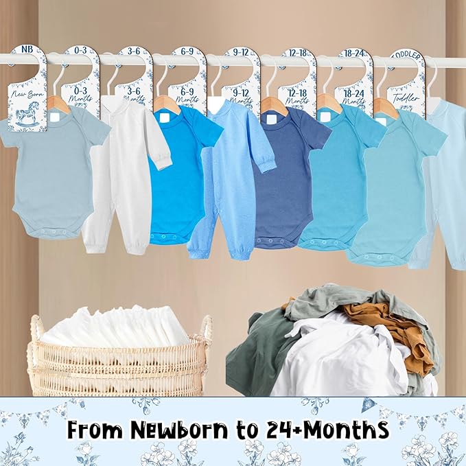 Baby Closet Dividers 8PCS, Blue Toile Themed Wooden Double-Sided Clothes Size Hanger/Organizer from Newborn to Toddler for Nursery Decor Baby Shower Birthday Gender Reveal Party Gift