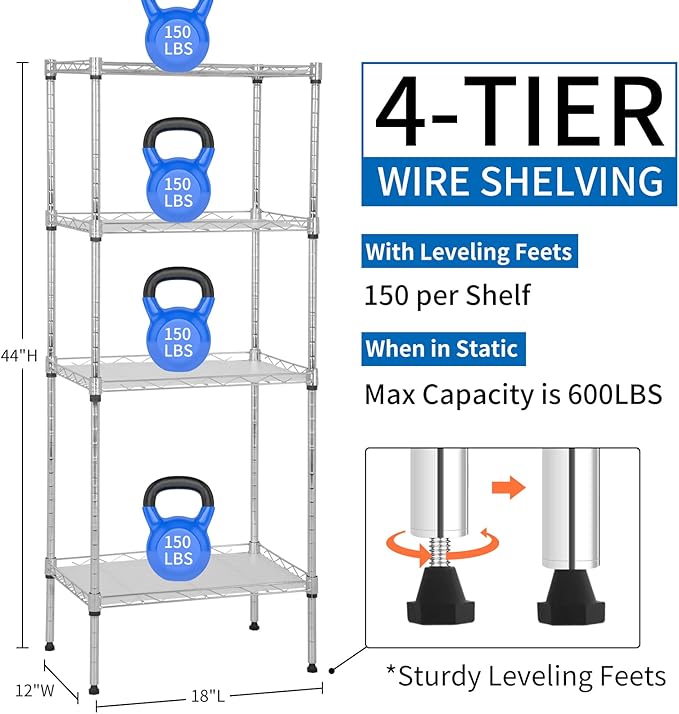 YRLLENSDAN Wire Shelving Unit with PP Liners, 4 Tier Metal Storage Shelves for Laundry Room Organization, Closet Shelf Organizer, Kitchen Rack, Garage Storage, Chrome, 18" x 12" x 44" ﻿