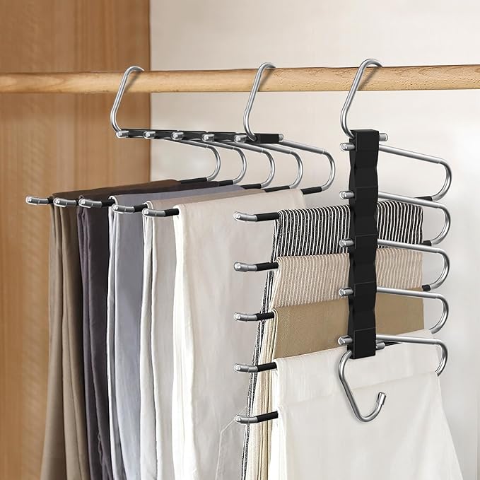 4 Pack Pants Hangers Space Saving, Anti-Slip Multi-Functional Pants Rack, Thickened Stainless Steel Tube, Two Hanging Modes Suitable for Jeans Trousers Skirts Scarf-Black