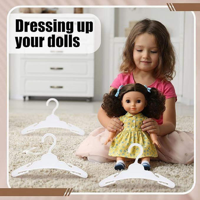 Soulchen 100 Pcs Doll Clothes Hangers for 18 Inch Dolls, Plastic Clothes Hangers with Non-Slip Clips, Space-Saving Wardrobe Accessories for Gown Dress Outfit (White)