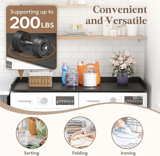 Lifewit Washer Dryer Countertop, Melamine Covers with Edge Rails for The Top, Laundry Room Storage and Organization, Spice Type, Hold 200lbs, Black, 54" x 27.5"