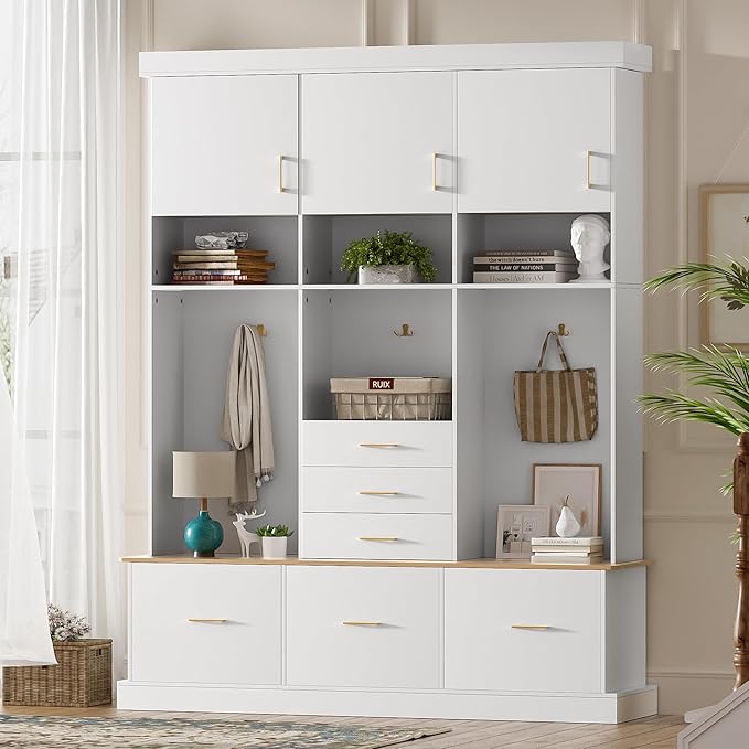 Modern 58'' Wide Hall Tree with Bench and Storage, 5-in-1 Wood Hall Tree with Coat Rack, 6 Drawers, 3 Cabinets and 3-Tier Top Storage for Hallway, Entryway, Living Room, Mudroom (White-10.15)