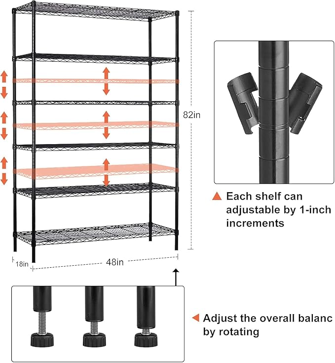 YRLLENSDAN 6 Tier Shelf Heavy Duty Metal Shelving Unit with Wheels, Adjustable Wire Storage Shelves 2100LBS Capacity, Garage Shelving for Pantry, Kitchen, Closet, Black, 18" D x 48" W x 82" H
