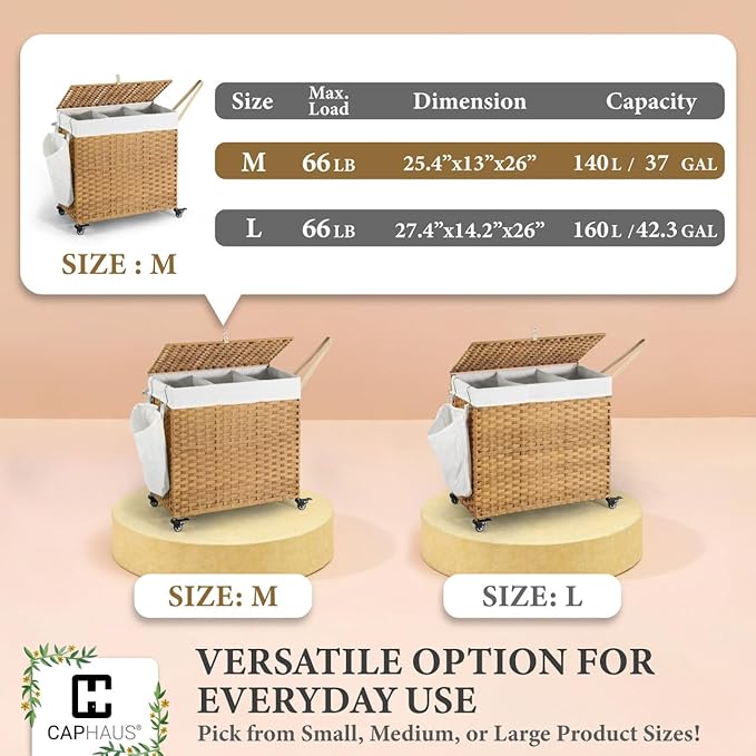 CAPHAUS Handwoven Basket w/Lid for Storage, Synthetic Rattan Laundry Hamper w/Wheels, Clothes Hamper for Laundry, Laundry Basket w/Lid, Removable Liner Bags, Mesh Bags, Pulling Strap, 140L, Brown