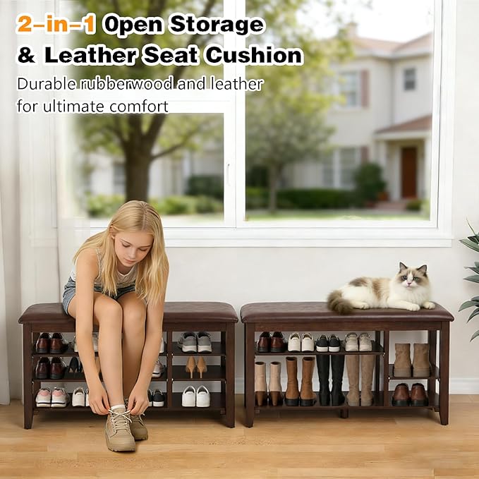 PY HOME & SPORTS Shoe Rack for Entryway 39.4": 3-Tier Shoe Storage Bench, Adjustable/Removable Shelves, Rubberwood Shoe Benches for Hallway, Porch, Bathroom, Brown