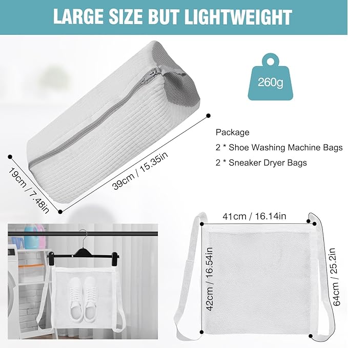 Shoe Washing Machine Bag, Shoe Laundry Bag for Washer and Dryer, Include Dry Net Bag, Reusable and Durable Zipper with Hook Design, Shoe Washing Bag for Sneaker (White, 2 Pack)