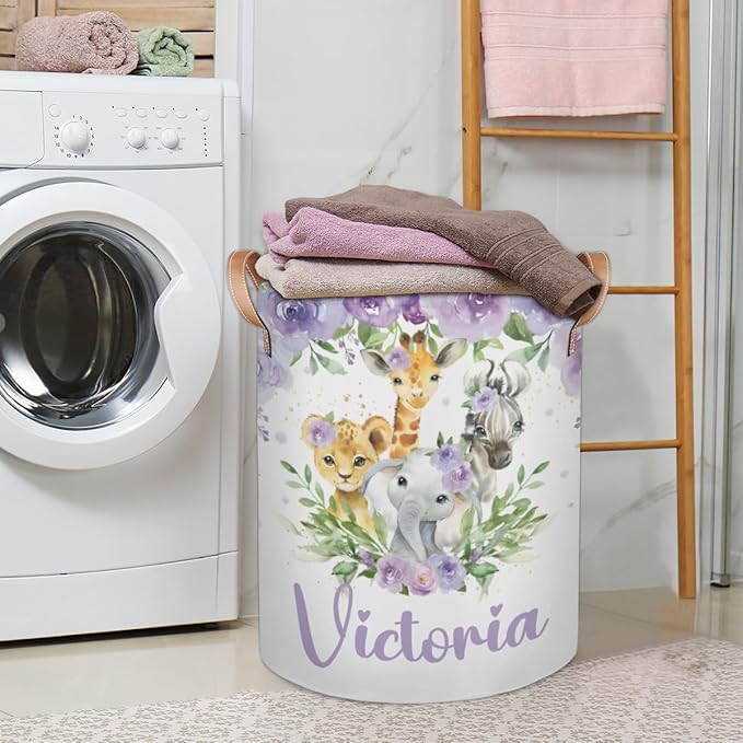 Personalized Laundry Basket, Custom Gift Laundry Hamper, Collapsible Nursery Waterproof Laundry Baskets, Dirty Clothes Toy Hamper with Handles Animal Purple Floral