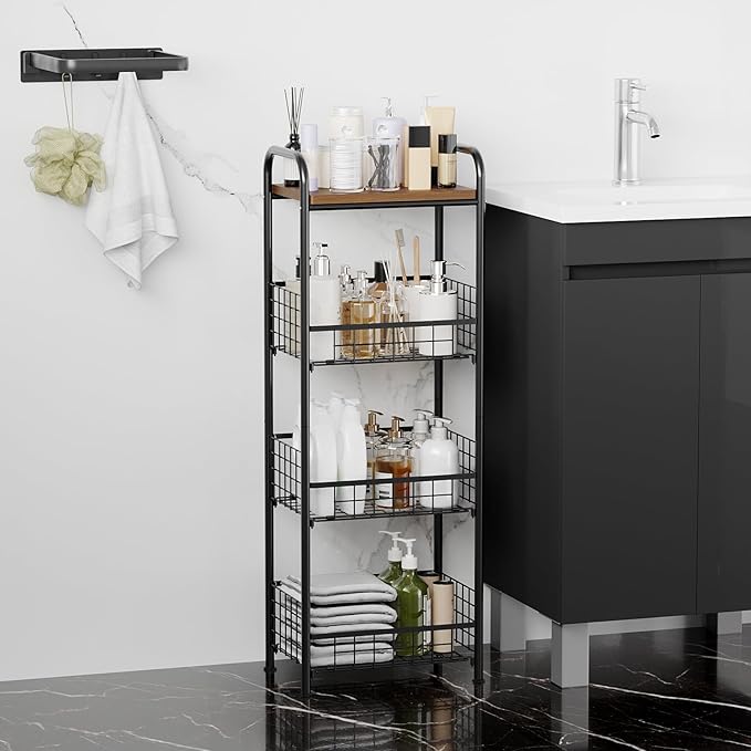 wonline 4 Tier Slim Metal Storage Cart with Walnut Wood Top Kitchen Organizer Shelf Fruit Basket Stand for Small Spaces Office Bathroom Laundry Room