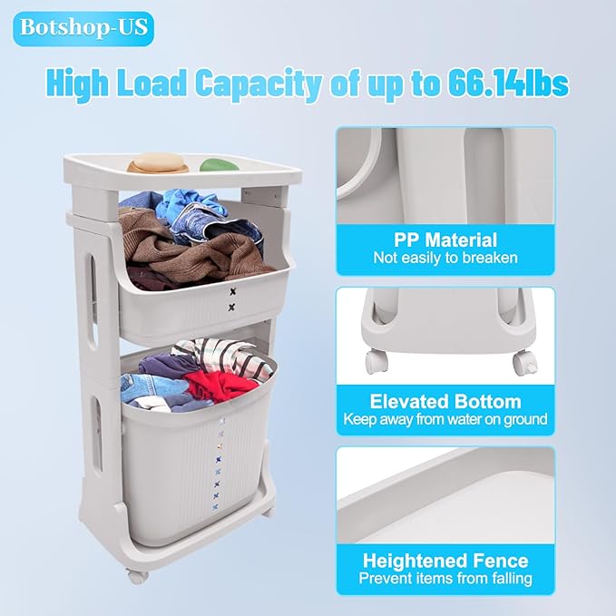 Laundry Hamper Basket, 2-Tier 3 Baskets Removable Basket Cart with Wheel, Dirty Clothes Storage Organizer Shelf, Plastic Stackable Washing Clothes Sorter for Bathroom, White