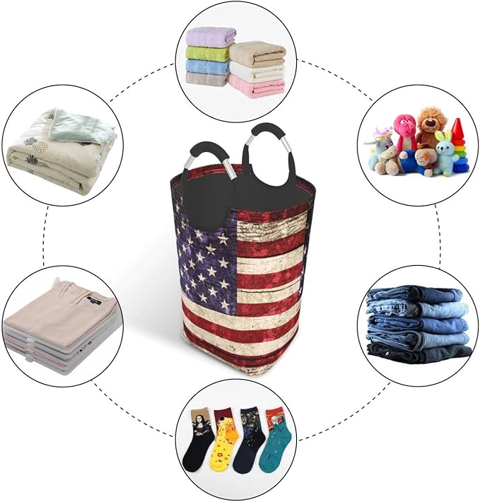 American Flag Laundry Basket Vintage Foldable Laundry Hamper Collapsible Laundry Baskets with Handles Clothes Hamper Laundry Tote Bag for Dorm Family Storage Bin 50L