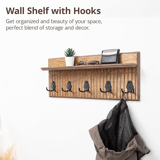 Rustic Wall Mounted Coat Rack with Shelf Wooden Entryway Organizer with 5 Metal Hooks for Coats Hats Towels Keys Floating Storage Shelf for Bathroom Bedroom (Walnut, 40 inch Striped (4 Hooks))
