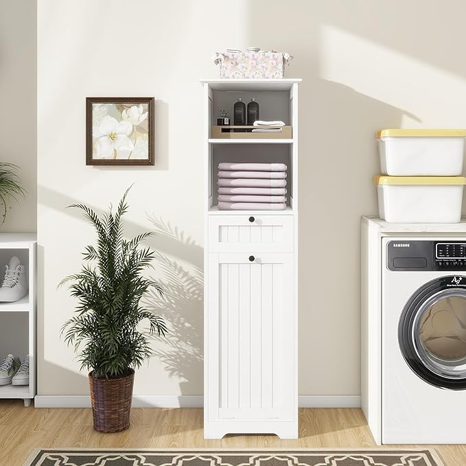 Tall Tilt Out Laundry Room Cabinets and Storage with Hidden Removable Basket, Pull Out Laundry Cabinet Hamper with Door and Drawer for Laundry Room, Bathroom, 13 Gallons